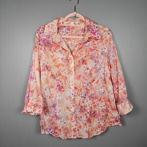 Coldwater Creek Womens XL Floral Cotton Button Front 3/4 Sleeve Blouse